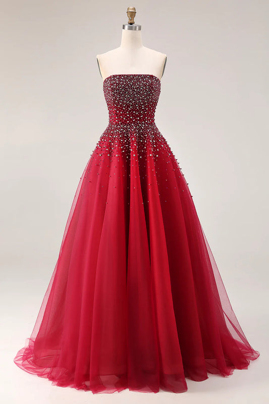 Strapless Red Prom Dress with Gradient Beaded Bodice and Voluminous Tulle Skirt
