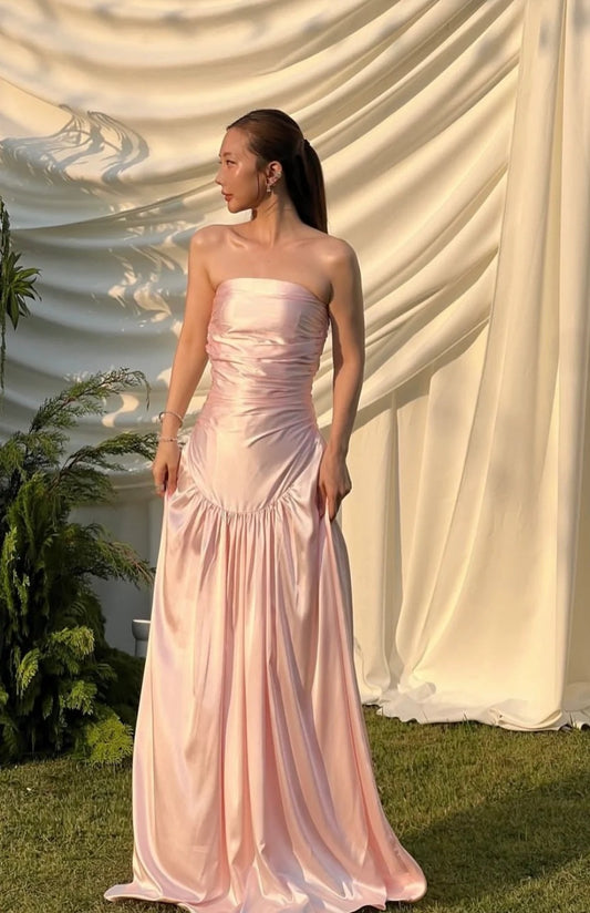 Strapless Ruched Bodice Satin Pleated Drop Waist Maxi Prom Dresses