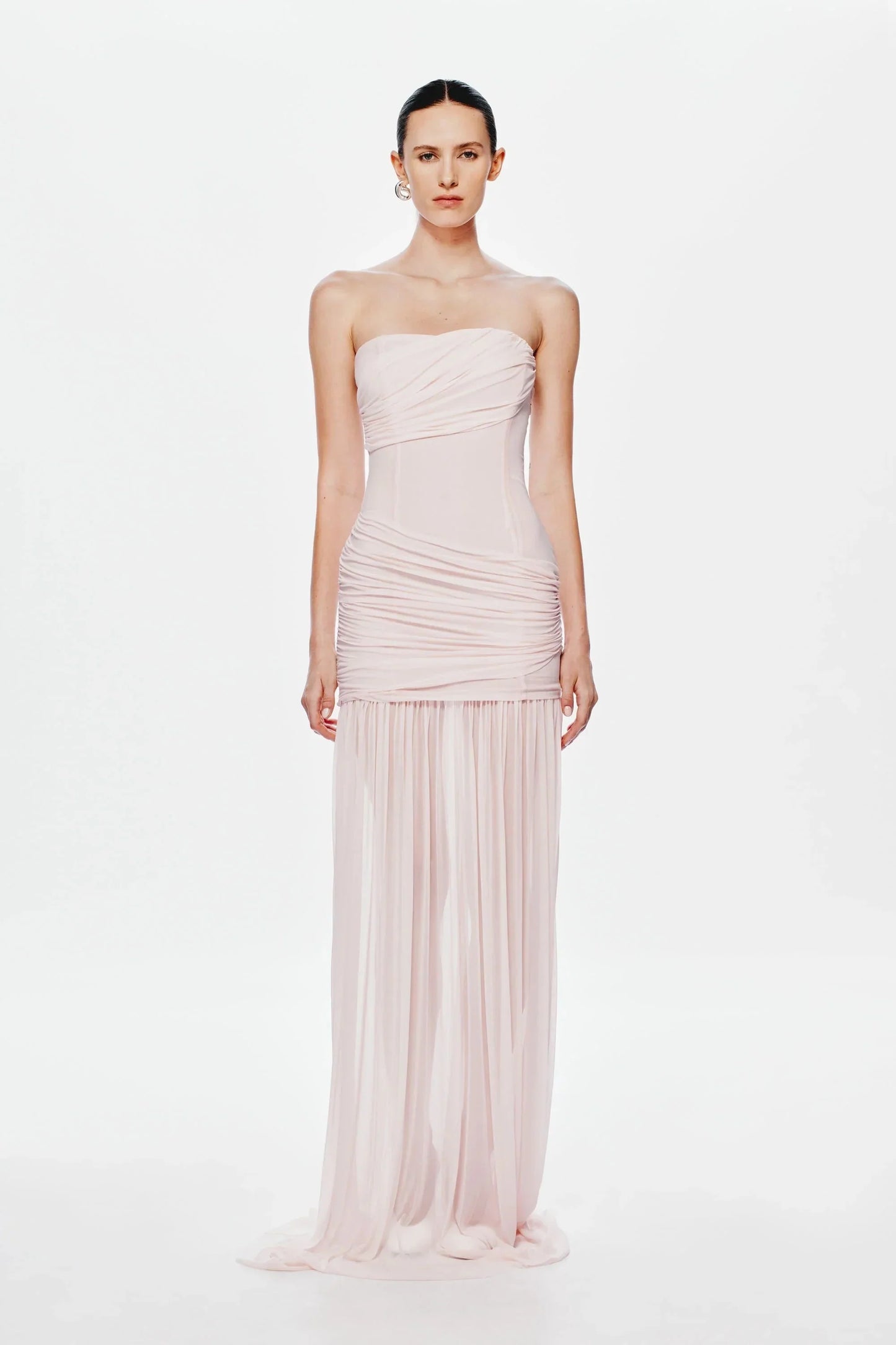 Strapless Ruched Mesh Bodice Flowing Sheer Maxi Skirt Formal Evening Prom Dress