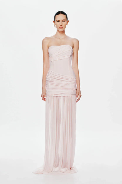 Strapless Ruched Mesh Bodice Flowing Sheer Maxi Skirt Formal Evening Prom Dress