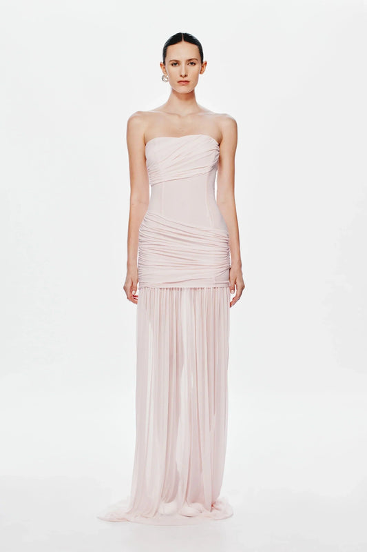 Strapless Ruched Mesh Bodice Flowing Sheer Maxi Skirt Formal Evening Prom Dress