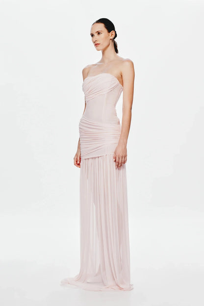 Strapless Ruched Mesh Bodice Flowing Sheer Maxi Skirt Formal Evening Prom Dress