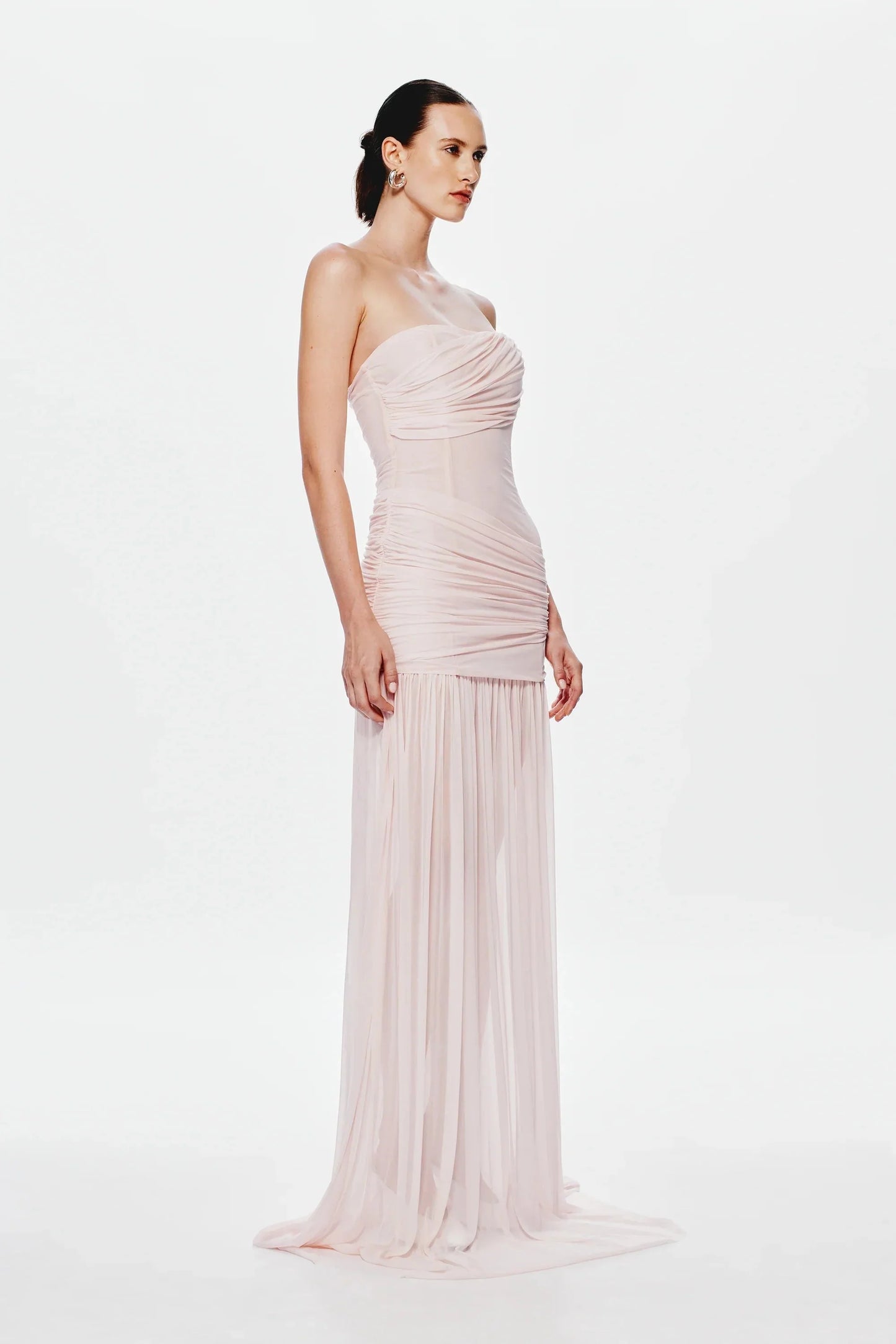 Strapless Ruched Mesh Bodice Flowing Sheer Maxi Skirt Formal Evening Prom Dress