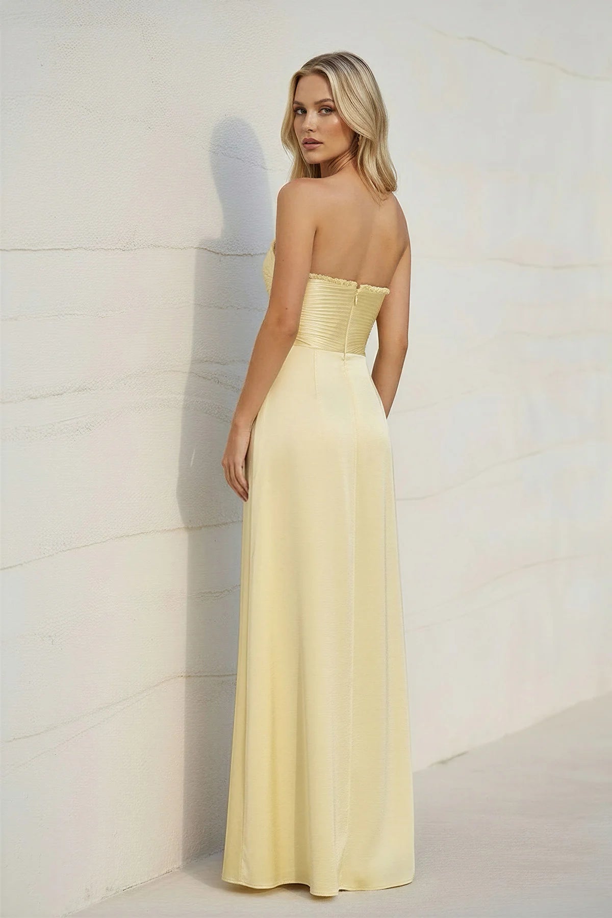 Strapless Ruched Ruffle Trim Satin A Line Floor Length Formal Evening Gown With High Slit For Wedding Guest Homecoming Prom Dress