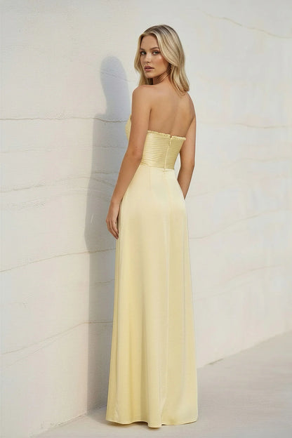 Strapless Ruched Ruffle Trim Satin A Line Floor Length Formal Evening Gown With High Slit For Wedding Guest Homecoming Prom Dress