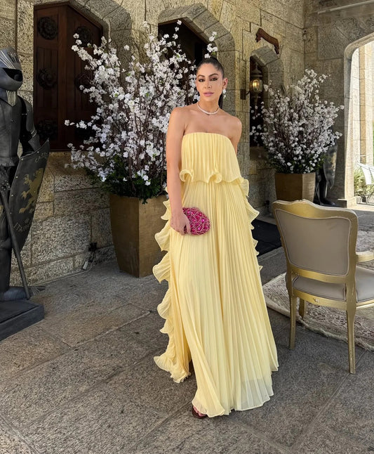 Strapless Ruffle Trim Pleated Chiffon Prom Dress with Cascading Side Ruffles