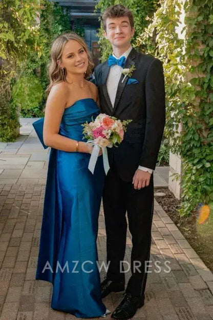 Vestido de fiesta formal de satén con escote redondo, plisado y corte A, sin tirantes y con lazo grande de Amzcw