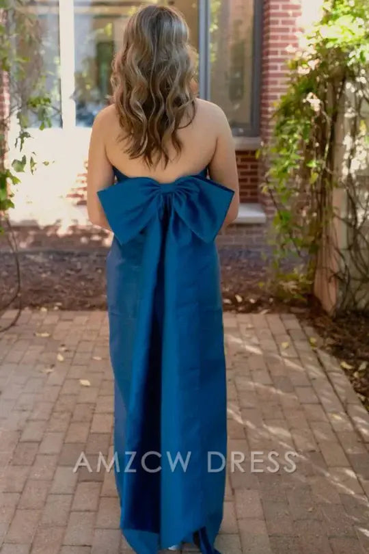 Vestido de fiesta formal de satén con escote redondo, plisado y corte A, sin tirantes y con lazo grande de Amzcw