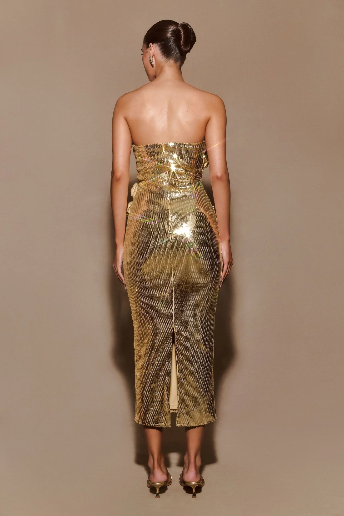 Strapless Sequin 3D Floral Applique Back Slit Midi Prom Dresses (Gold)