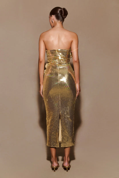 Strapless Sequin 3D Floral Applique Back Slit Midi Prom Dresses (Gold)