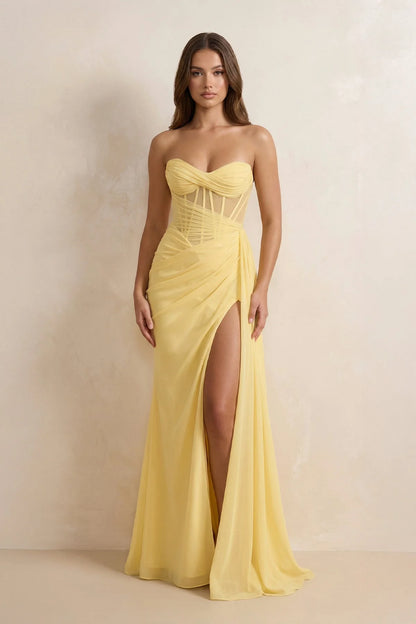 Strapless Sheer Corset Lace Up Mermaid Floor Length Formal Evening Gown With High Slit For Wedding Guest Homecoming Prom Dress