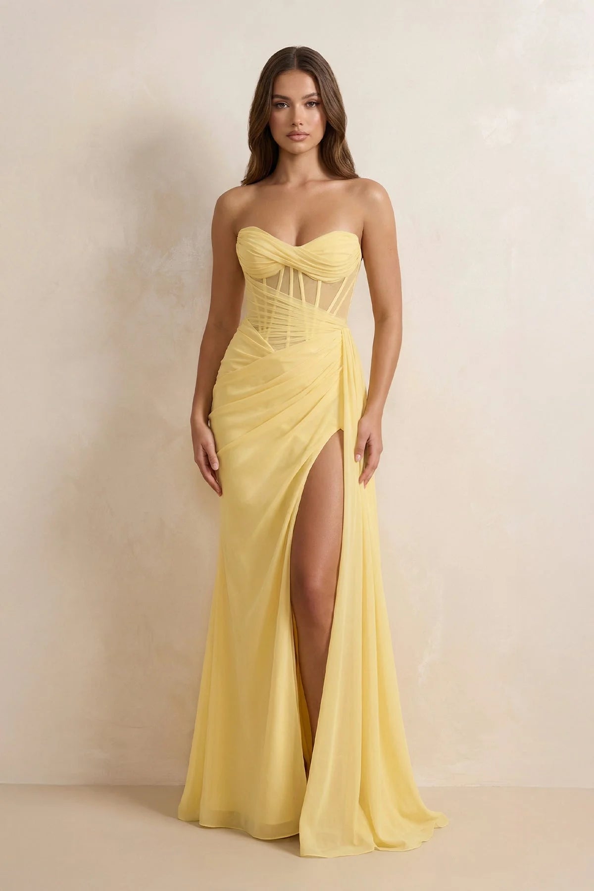 Strapless Sheer Corset Lace Up Mermaid Floor Length Formal Evening Gown With High Slit For Wedding Guest Homecoming Prom Dress