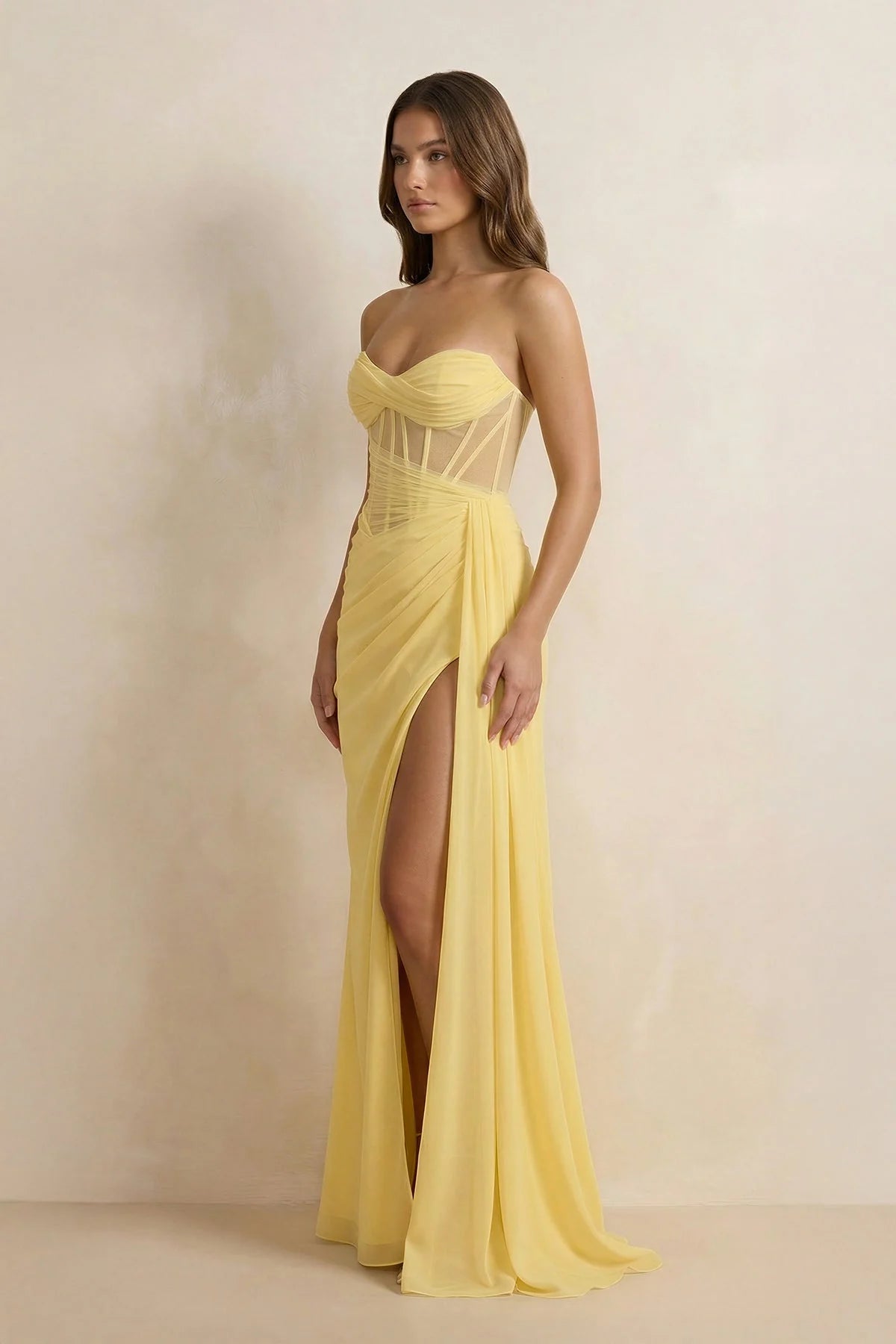 Strapless Sheer Corset Lace Up Mermaid Floor Length Formal Evening Gown With High Slit For Wedding Guest Homecoming Prom Dress