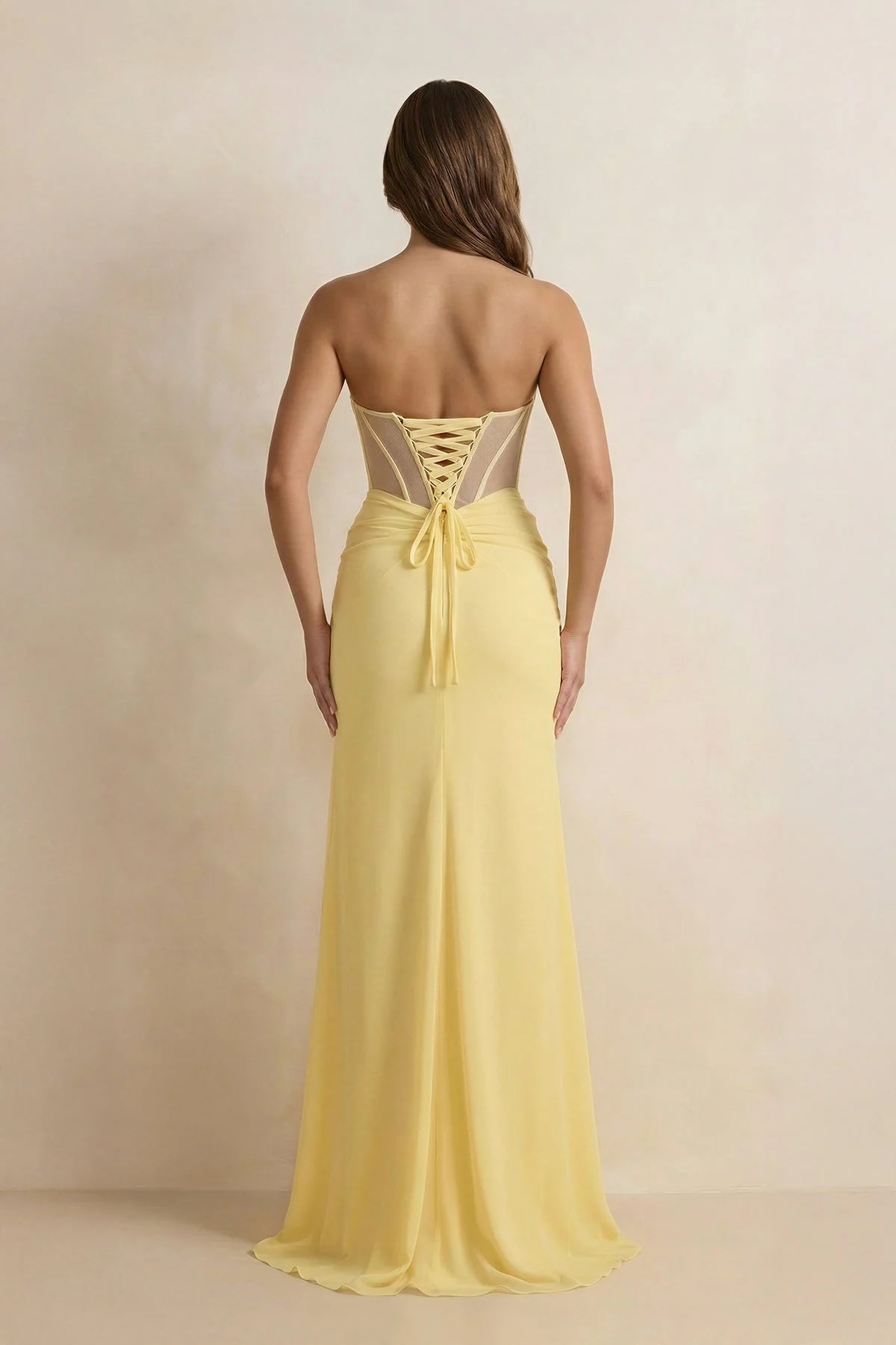 Strapless Sheer Corset Lace Up Mermaid Floor Length Formal Evening Gown With High Slit For Wedding Guest Homecoming Prom Dress