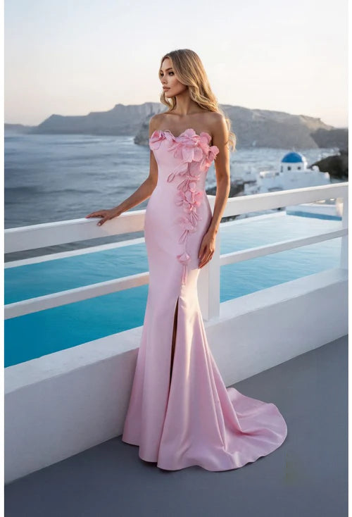 Strapless Sweetheart 3D Floral Appliqué High Slit Blush Pink Satin Mermaid Chapel Train Prom Dresses