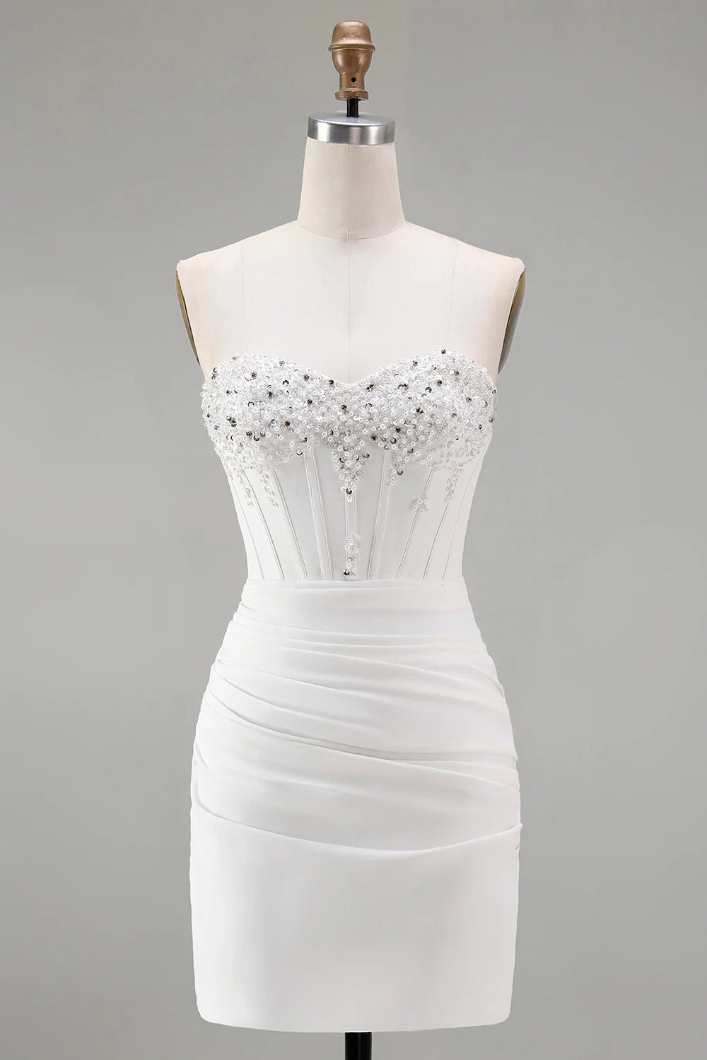 Strapless Sweetheart Beaded Corset Homecoming Dress with Ruched Bodycon Skirt