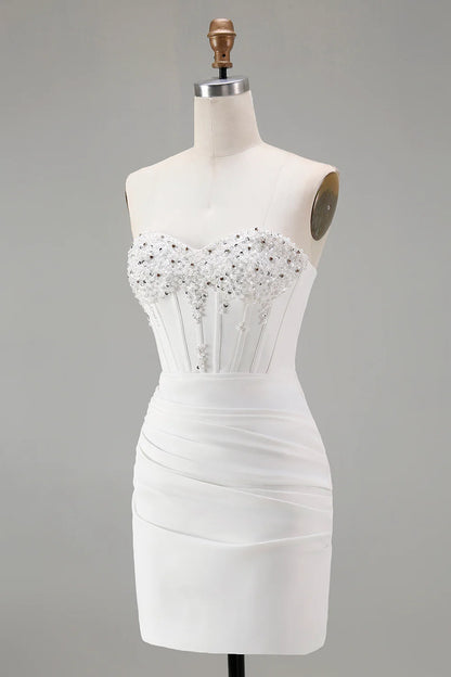 Strapless Sweetheart Beaded Corset Homecoming Dress with Ruched Bodycon Skirt