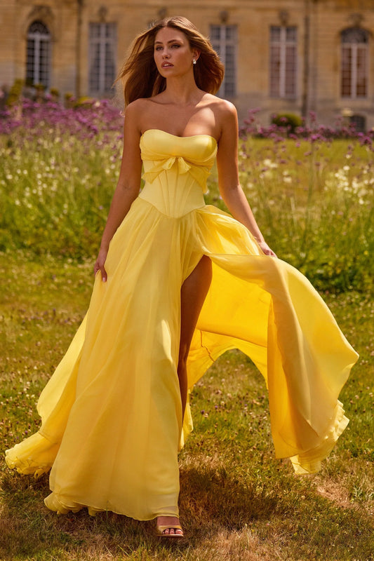 Strapless Sweetheart Bow Front Corset High Slit Lemon Yellow Chiffon A Line Cathedral Train Prom Dresses