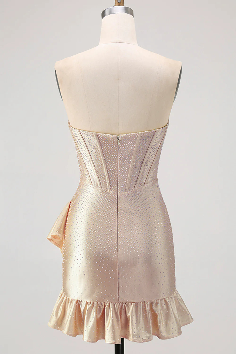 Strapless Sweetheart Champagne Rhinestone Corset Homecoming Dress with Asymmetrical Ruffled Hem