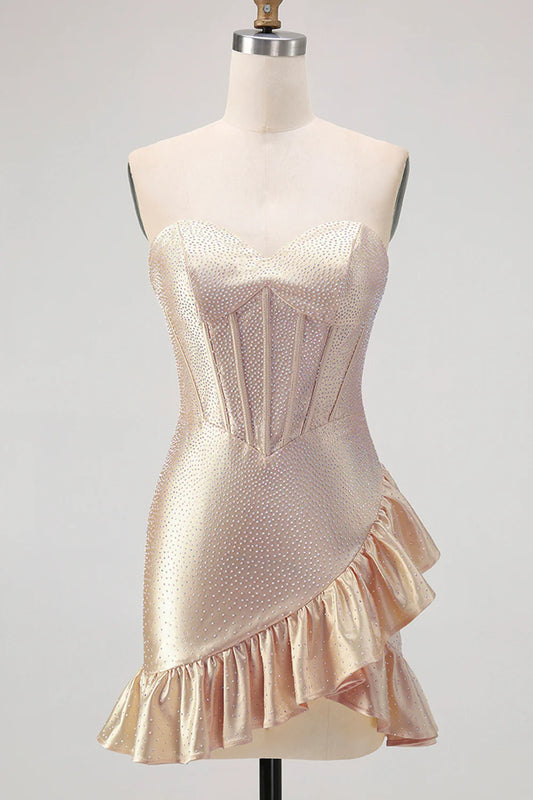 Strapless Sweetheart Champagne Rhinestone Corset Homecoming Dress with Asymmetrical Ruffled Hem