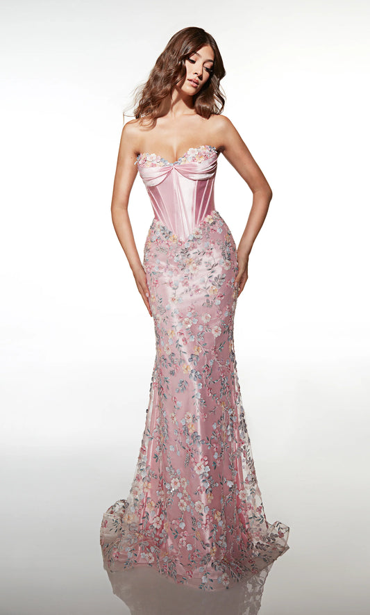 Strapless Sweetheart Corset Bodice 3D Floral Appliqué Blush Pink Satin Mermaid Chapel Train Prom Dresses