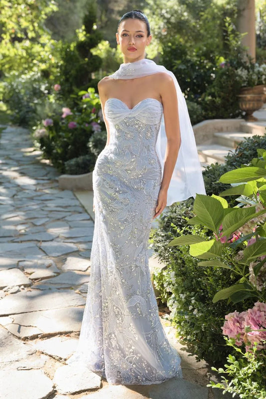 Strapless Sweetheart Crystal Beaded Lace Up Back Ice Blue Tulle Mermaid Chapel Train Prom Dresses