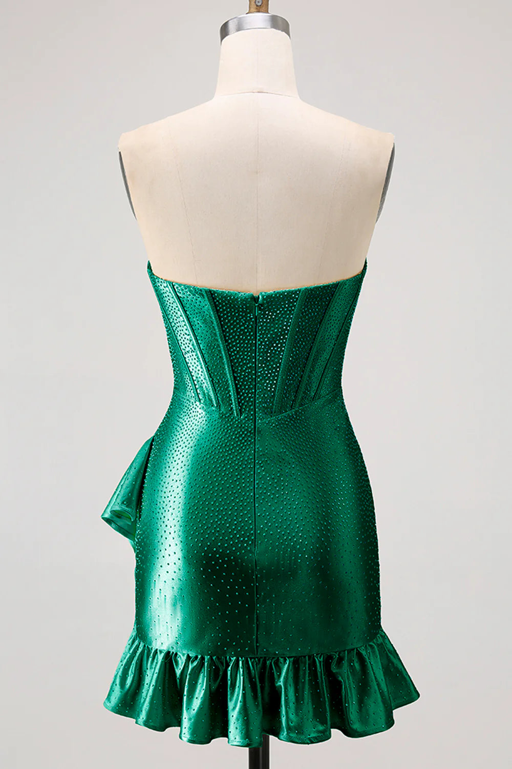 Strapless Sweetheart Green Rhinestone Corset Homecoming Dress with Asymmetrical Ruffled Hem