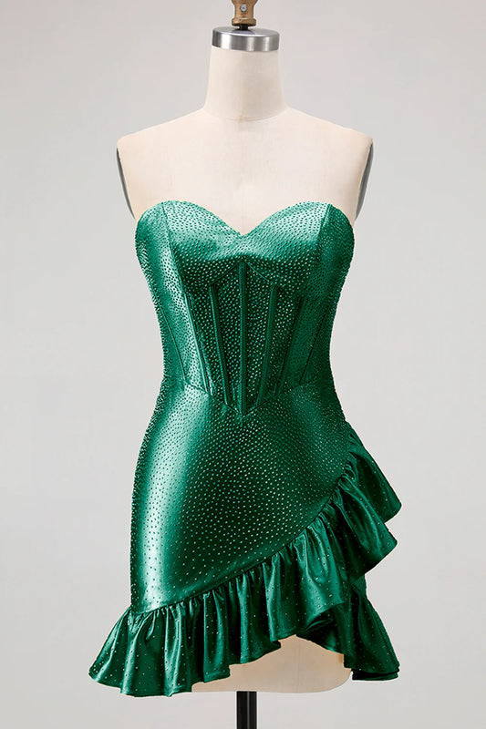 Strapless Sweetheart Green Rhinestone Corset Homecoming Dress with Asymmetrical Ruffled Hem