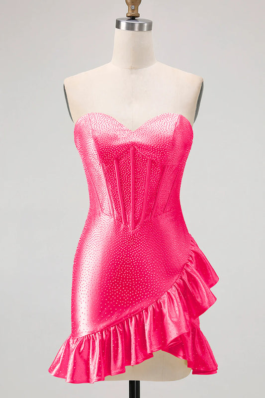 Strapless Sweetheart Hot Pink Rhinestone Corset Homecoming Dress with Asymmetrical Ruffled Hem