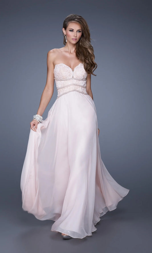 Strapless Sweetheart Lace Appliqué Beaded Waist Blush Pink Chiffon A Line Floor Length Prom Dresses