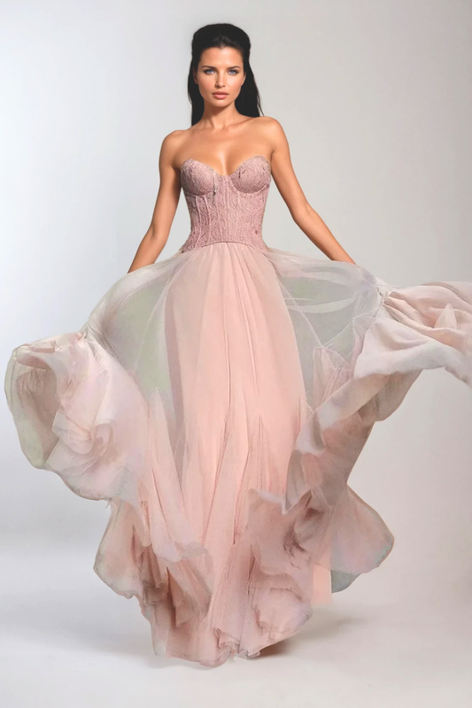 Strapless Sweetheart Lace Bodice Asymmetric Tiered Tulle Blush Pink Mermaid Prom Dresses