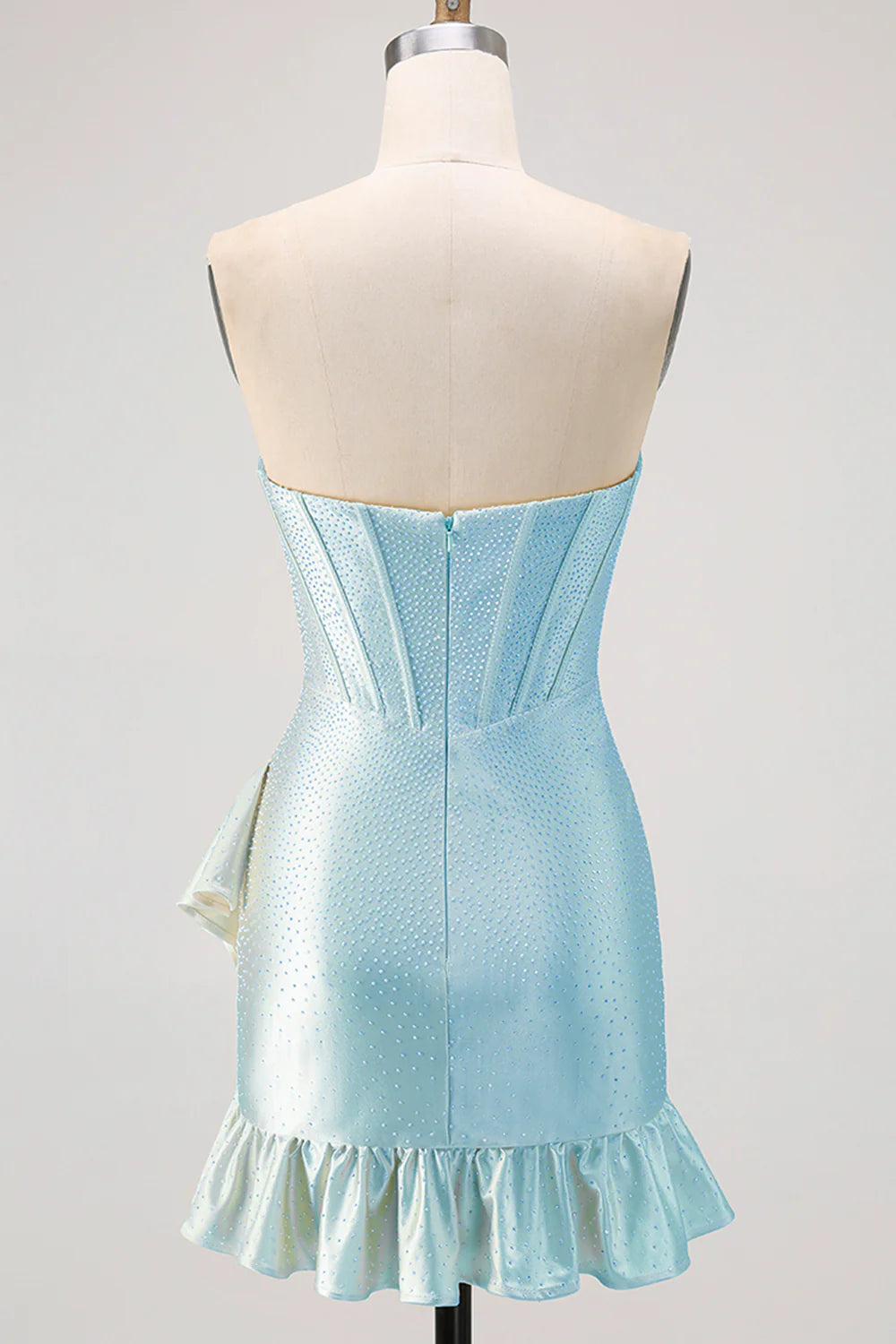 Strapless Sweetheart Light Blue Rhinestone Corset Homecoming Dress with Asymmetrical Ruffled Hem