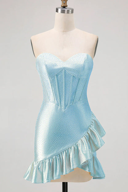 Strapless Sweetheart Light Blue Rhinestone Corset Homecoming Dress with Asymmetrical Ruffled Hem