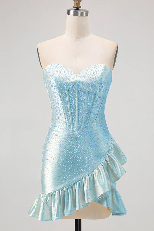 Strapless Sweetheart Light Blue Rhinestone Corset Homecoming Dress with Asymmetrical Ruffled Hem