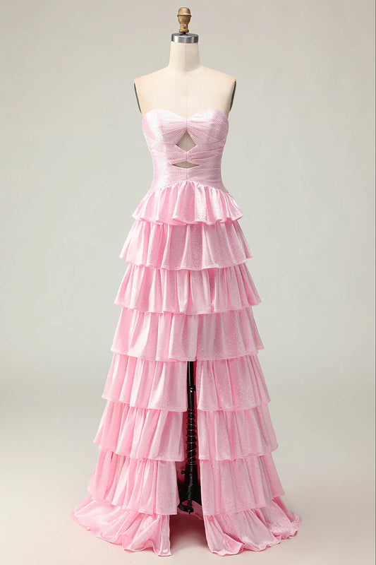 Strapless Sweetheart Neck Cutout Lace-Up Back Tiered Ruffle Glitter Satin Prom Dresses (Bubblegum Pink)