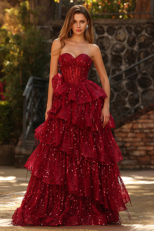 Strapless Sweetheart Neck Sequin Tiered Ruffle Lace-Up Back Prom Dresses (Burgundy Red)