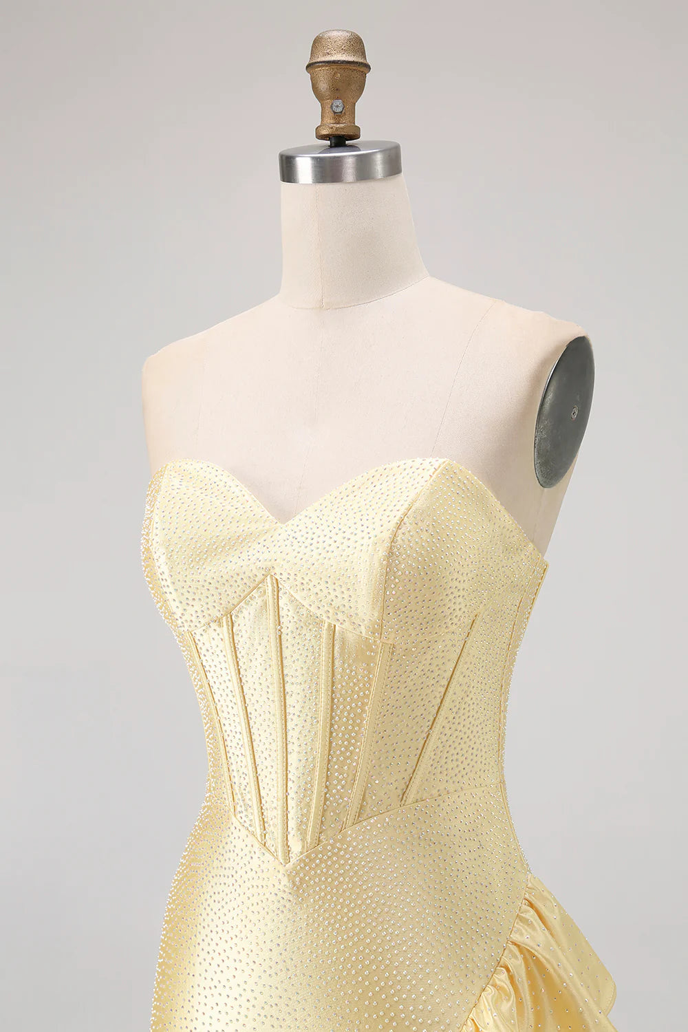 Strapless Sweetheart Yellow Rhinestone Corset Homecoming Dress with Ruffled Hem