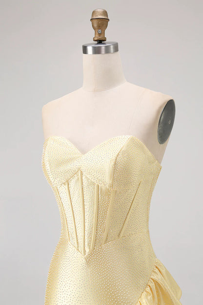 Strapless Sweetheart Yellow Rhinestone Corset Homecoming Dress with Ruffled Hem