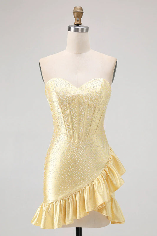 Strapless Sweetheart Yellow Rhinestone Corset Homecoming Dress with Ruffled Hem