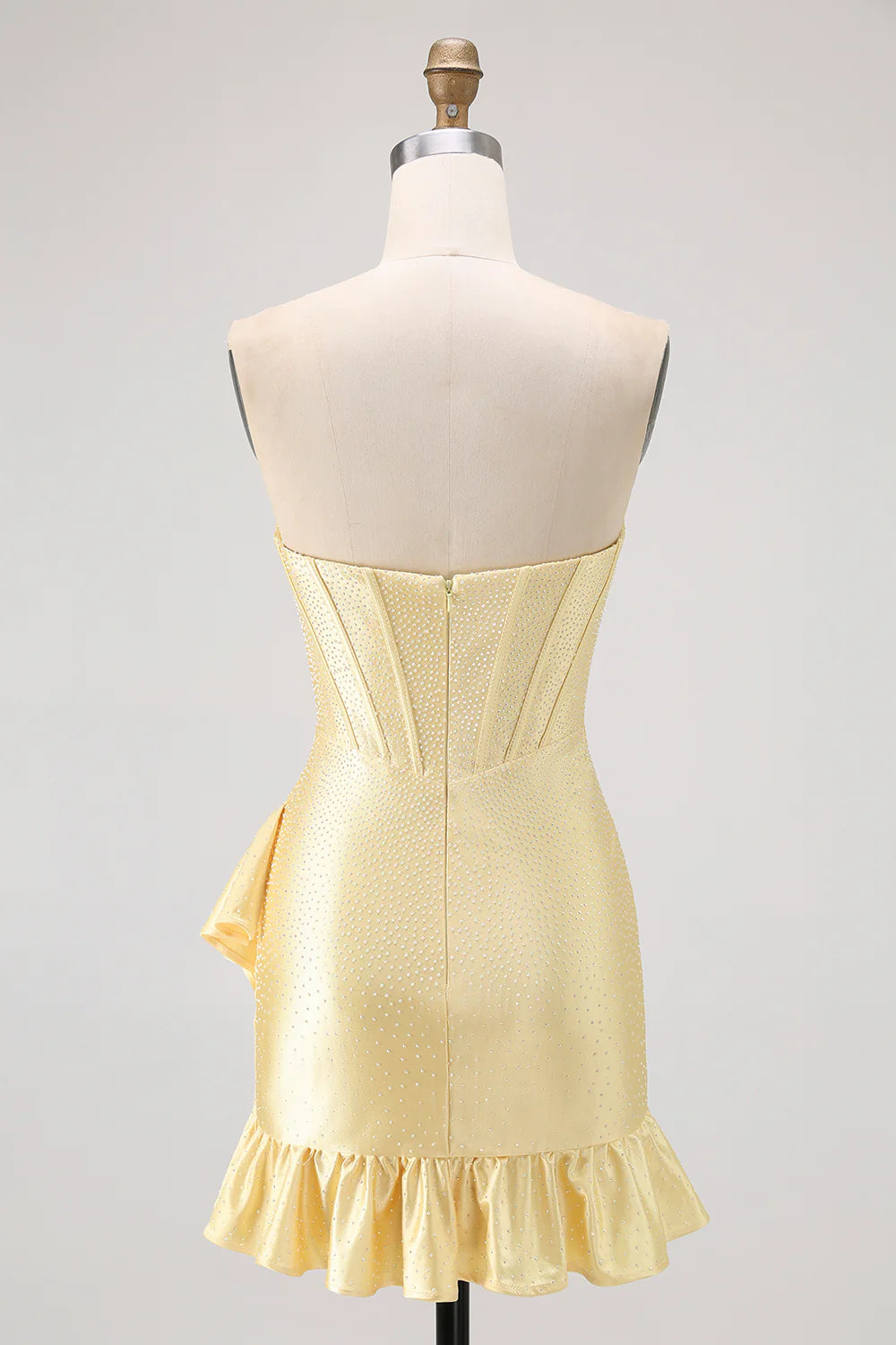 Strapless Sweetheart Yellow Rhinestone Corset Homecoming Dress with Ruffled Hem