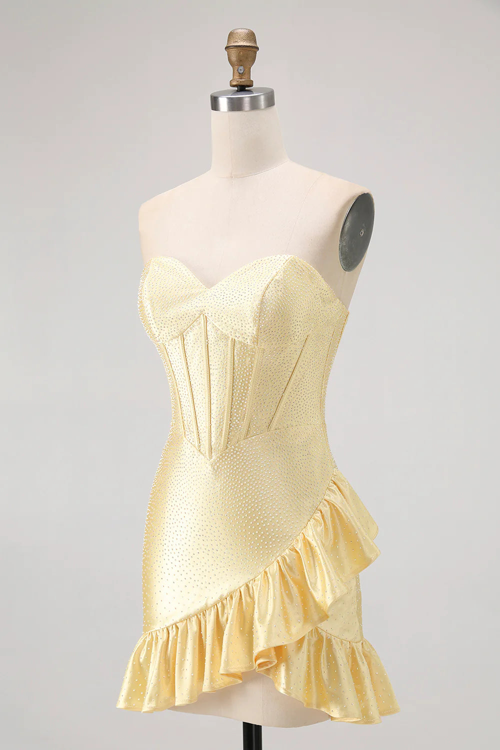 Strapless Sweetheart Yellow Rhinestone Corset Homecoming Dress with Ruffled Hem