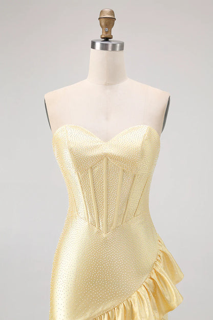 Strapless Sweetheart Yellow Rhinestone Corset Homecoming Dress with Ruffled Hem