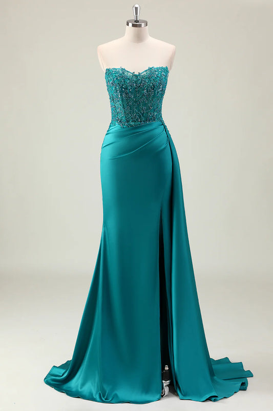 Strapless Teal Satin Mermaid Prom Dress with Sheer Beaded Lace Corset Bodice, Draped Skirt and High Slit