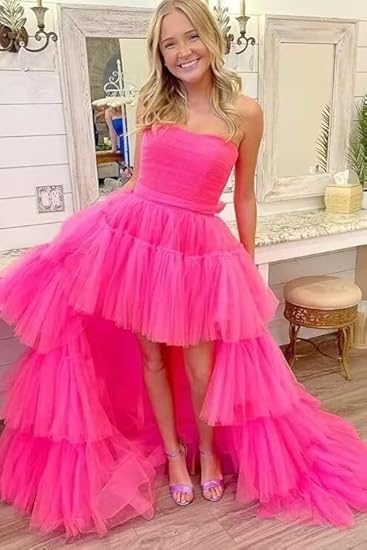 Strapless Tiered Ruffle Tulle High-Low Prom Dress