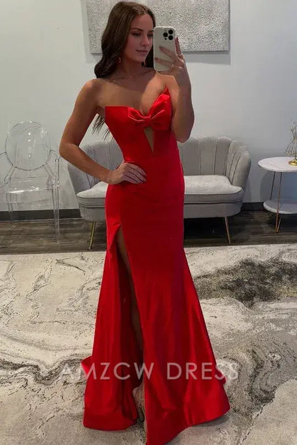 Vestido de fiesta largo Amzcw de satén plisado con escote en V y lazo, sin tirantes y con abertura lateral