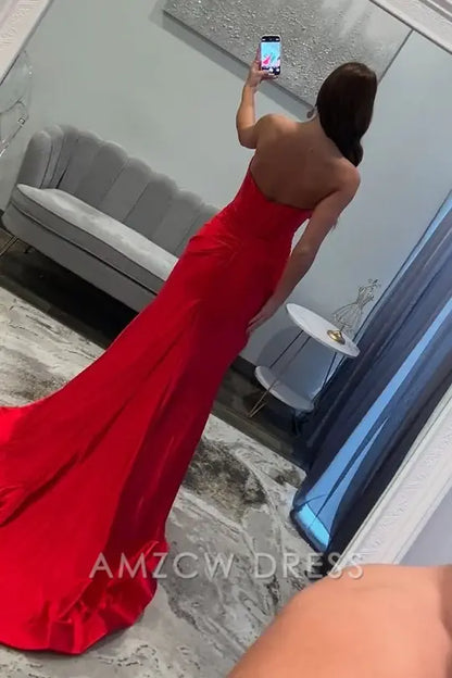 Vestido de fiesta largo Amzcw de satén plisado con escote en V y lazo, sin tirantes y con abertura lateral