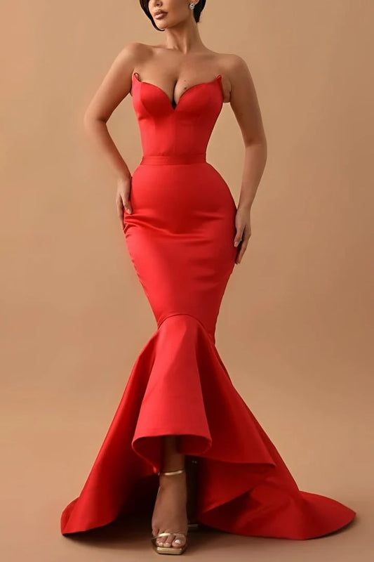 Vestido de fiesta largo plisado de sirena de satén sin mangas con escote en V y tirantes finos de Amzcw