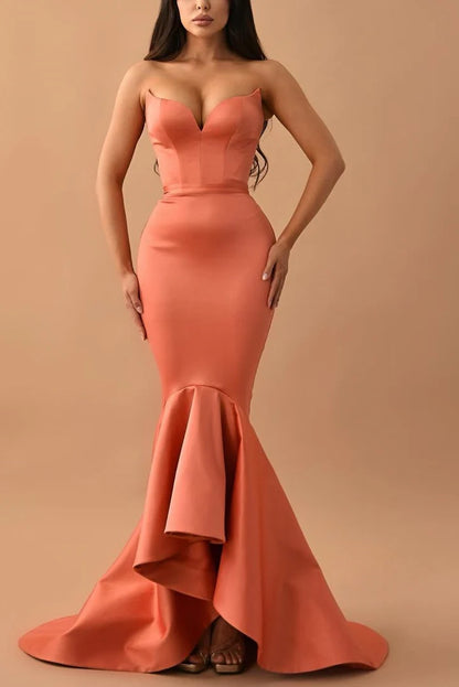 Vestido de fiesta largo plisado de sirena de satén sin mangas con escote en V y tirantes finos de Amzcw