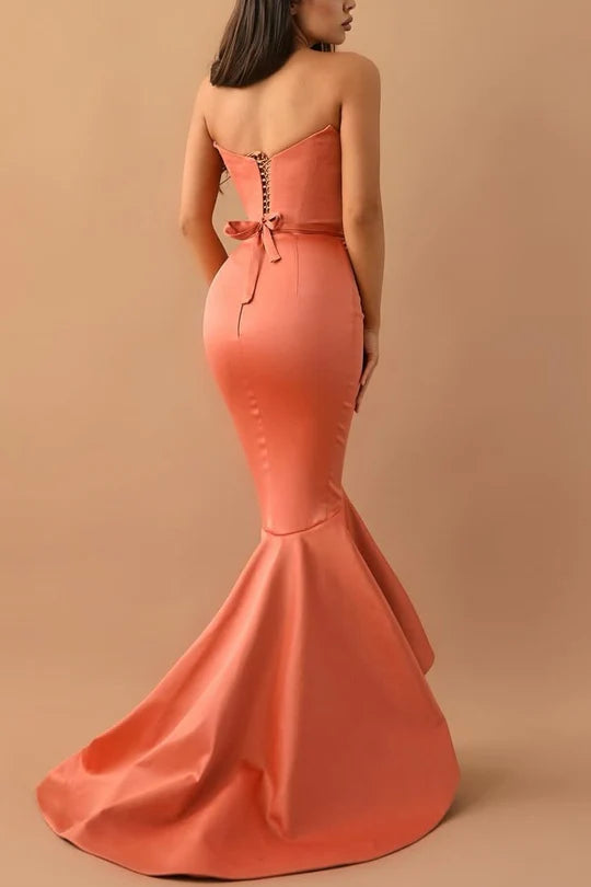 Vestido de fiesta largo plisado de sirena de satén sin mangas con escote en V y tirantes finos de Amzcw