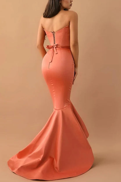 Vestido de fiesta largo plisado de sirena de satén sin mangas con escote en V y tirantes finos de Amzcw